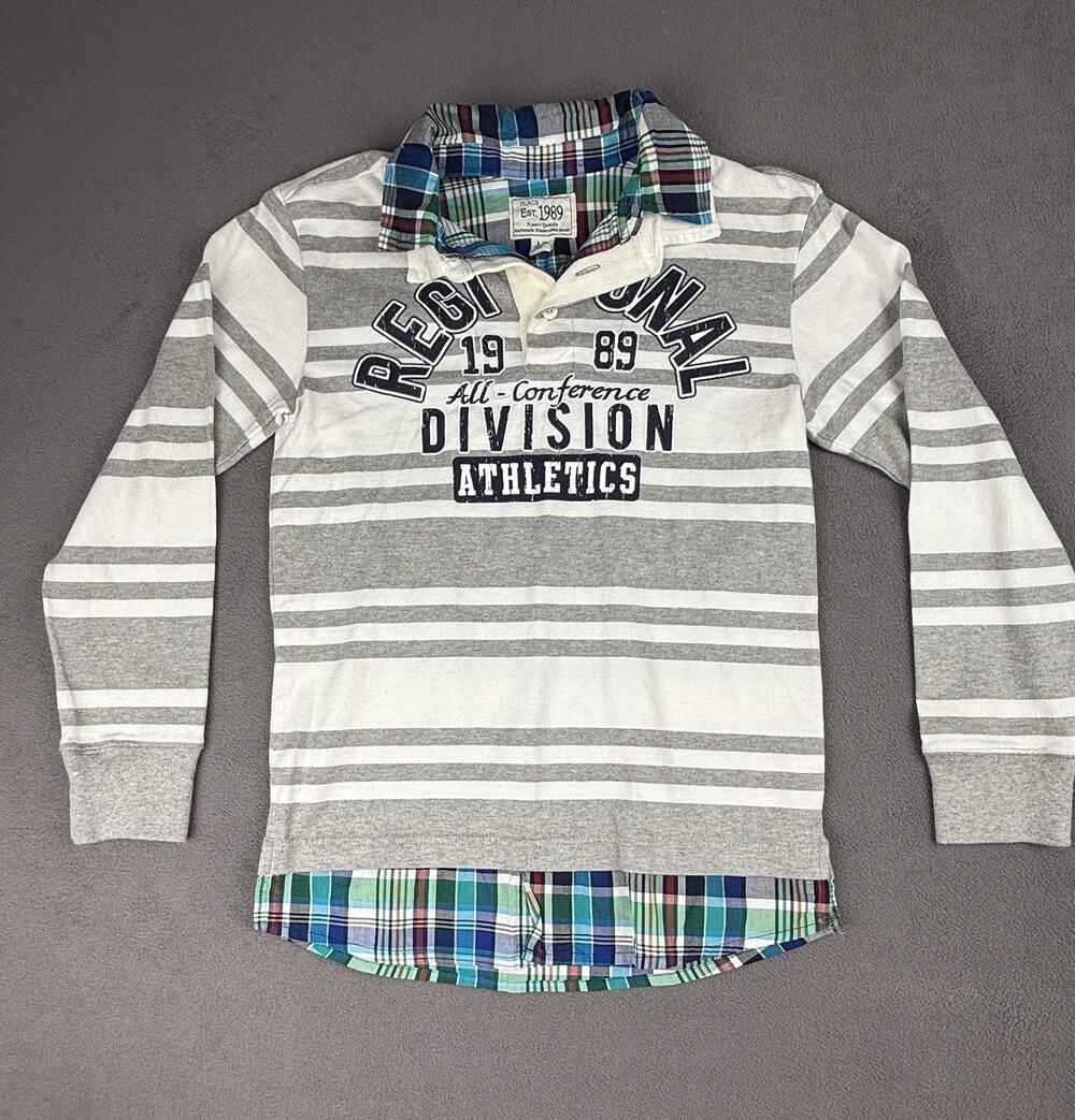 The Children’s Place Boys L10/12 Layered Rugby Polo Striped Plaid Gray Shirt NWT